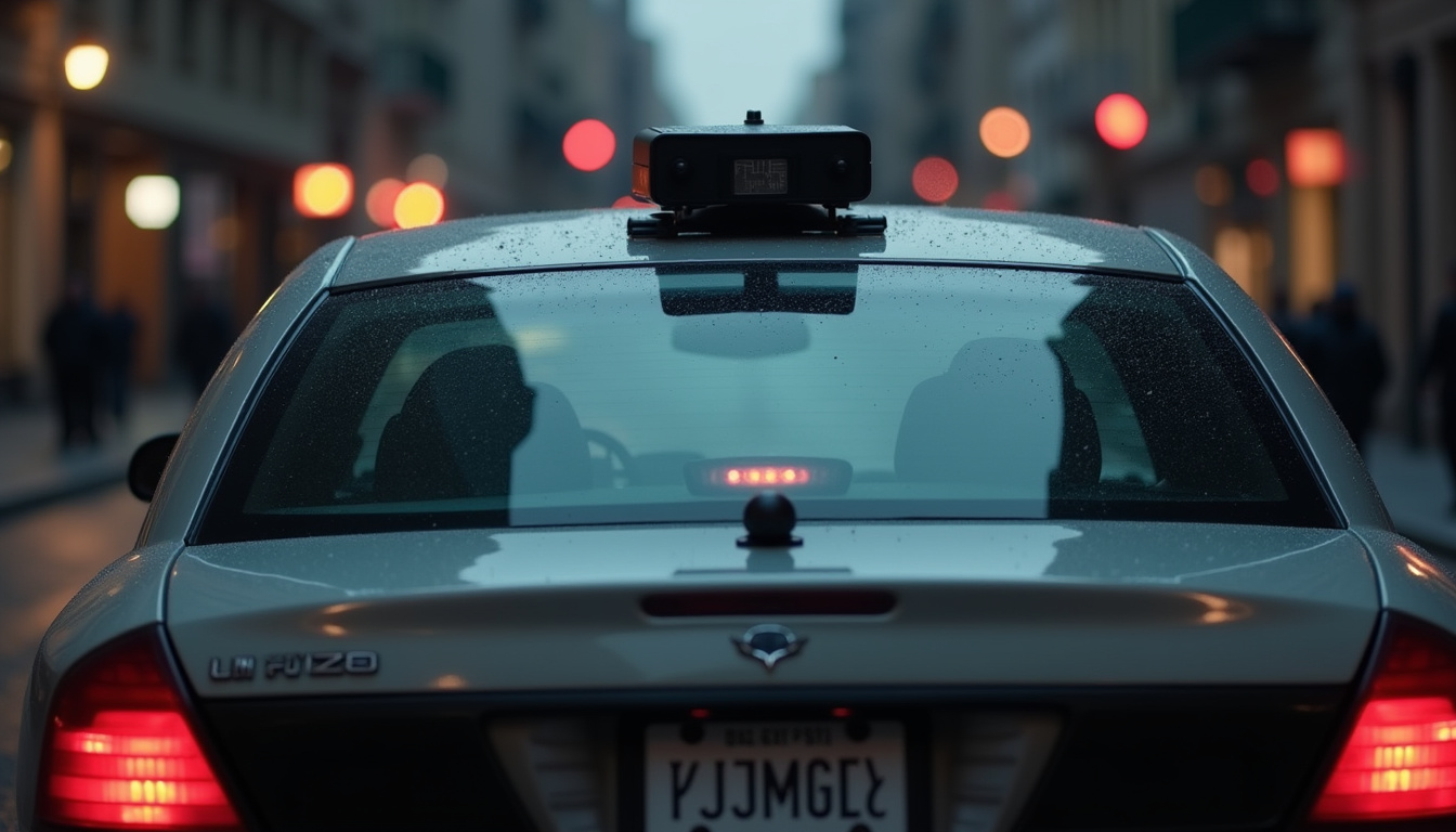 Vue arrière d'une voiture banalisée avec un rectangle noir discret sur la lunette arrière indiquant la présence d'un radar embarqué