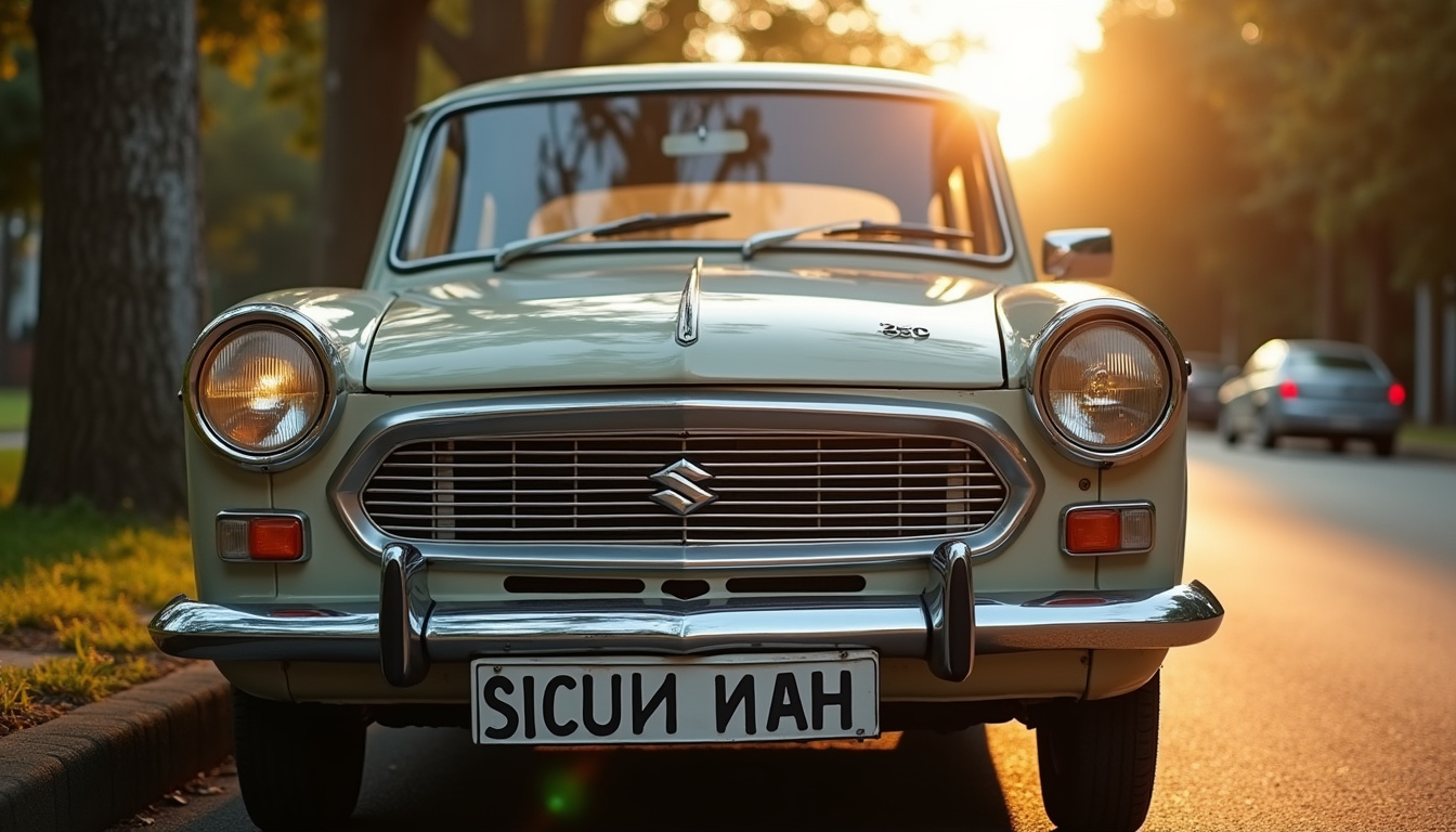 Ancien logo Suzuki avec finition chromée sur véhicule classique