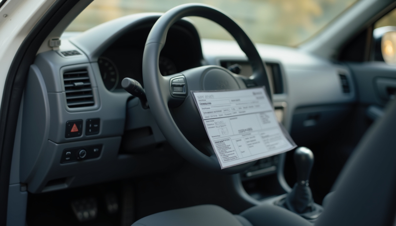 Carte grise posée sur le volant d'une voiture en vue de son contrôle technique