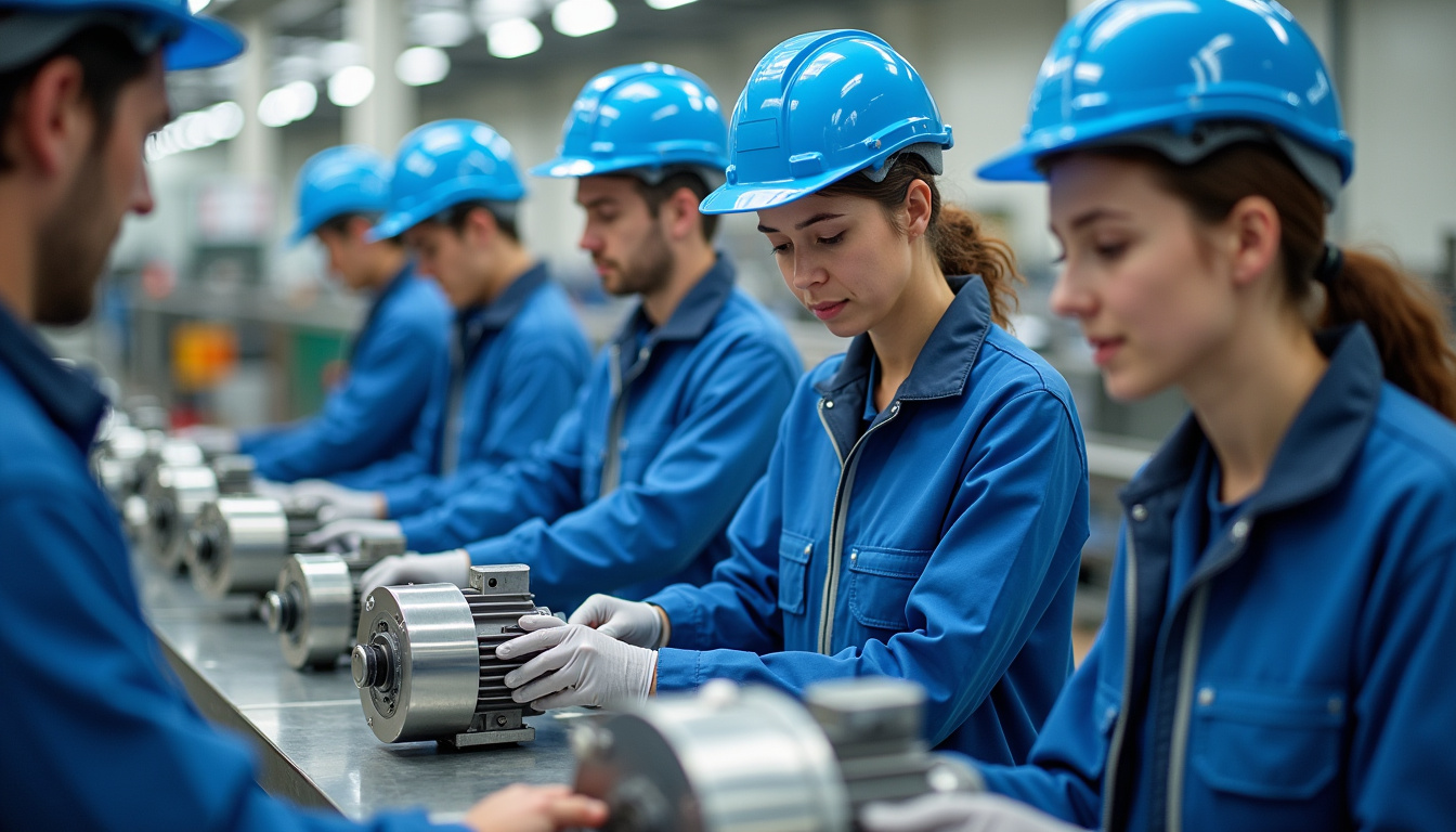 Formateurs et apprenants en tenue de sécurité, en train de manipuler des moteurs électriques sur une chaîne pédagogique à l’University Factories de Cléon