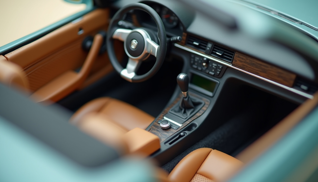 Gros plan sur l'intérieur d'une voiture miniature 1/18 avec sièges, volant et tableau de bord détaillés