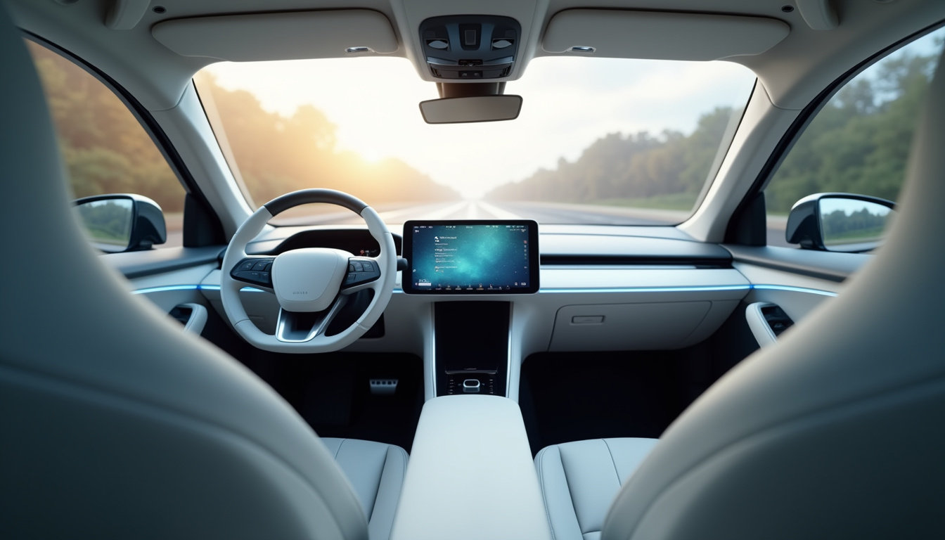 Intérieur d'une voiture sans permis moderne avec écran tactile, volant design et sièges ergonomiques