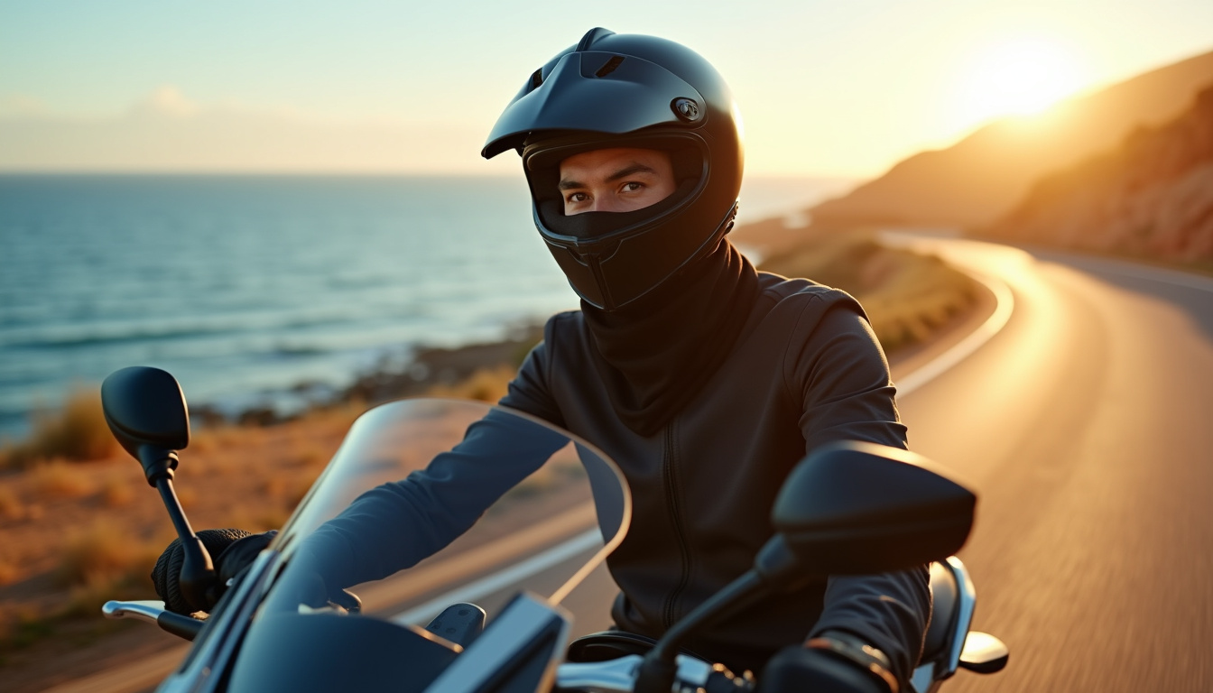 Motard portant un cache-cou en pleine conduite, protégeant son cou et son visage du vent