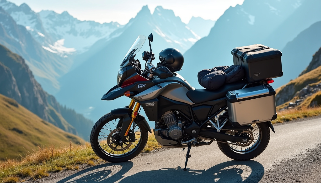 Moto équipée pour la route des Grandes Alpes, avec sacs étanches, veste thermique et casque modulable