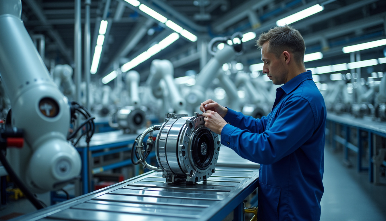 Opérateur en train d’assembler un moteur électrique sur la chaîne de production de l’usine de Cléon, entouré de robots automatisés