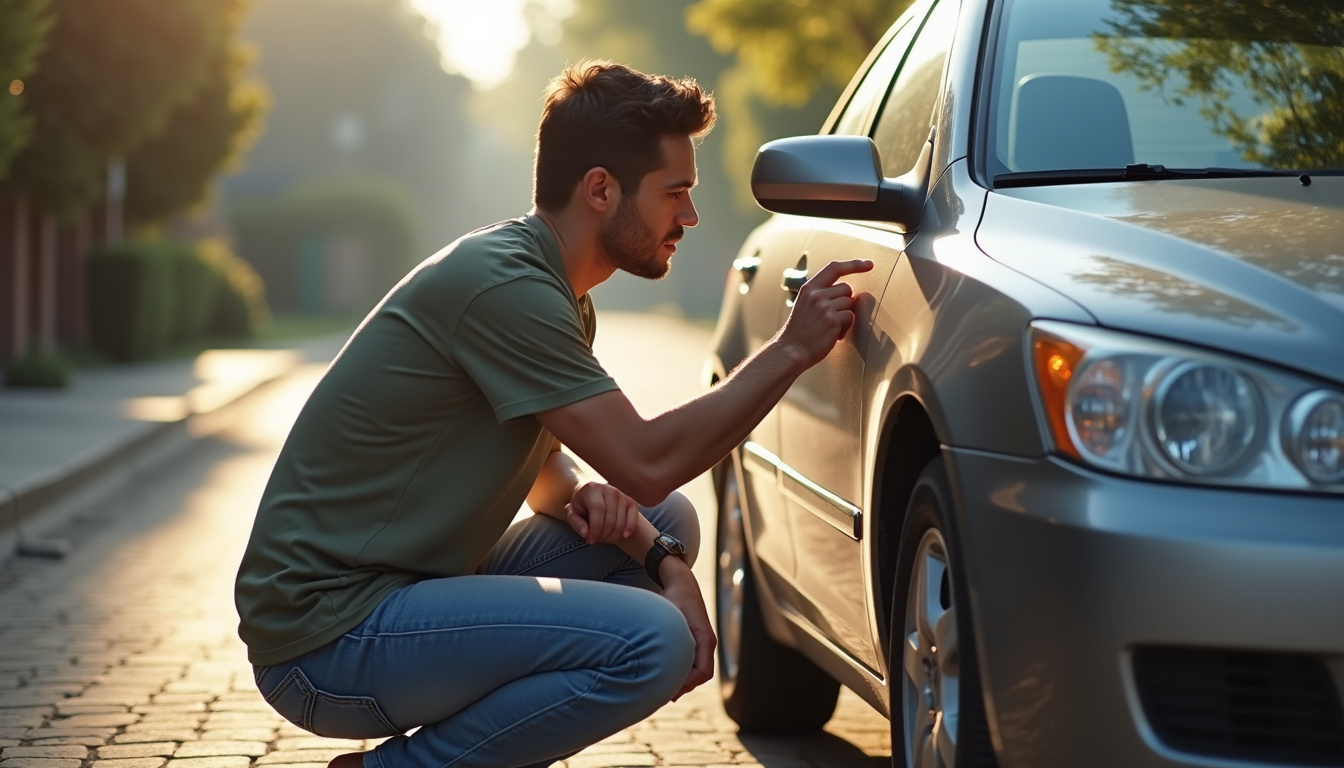 Personne vérifiant le numéro VIN d'une voiture d'occasion avant achat