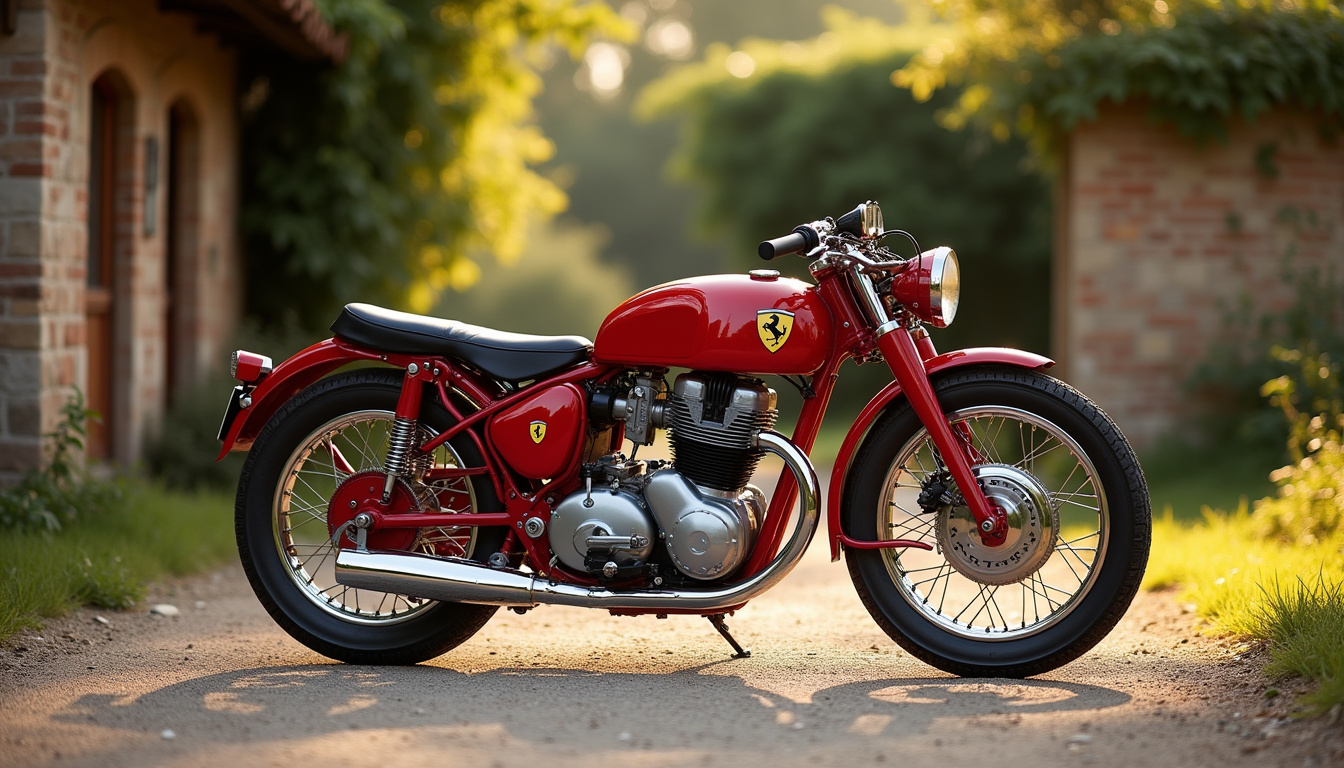 Représentation d'une moto Ferrari des années 1950, similaire aux modèles Parilla de l'époque