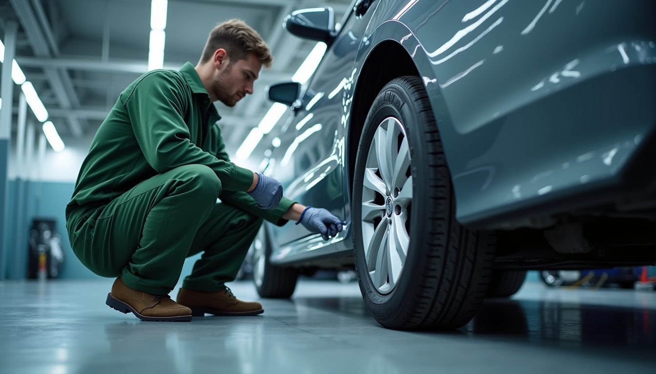 Technicien en combinaison verte en train d'inspecter les roues d'une voiture lors d'un contrôle technique