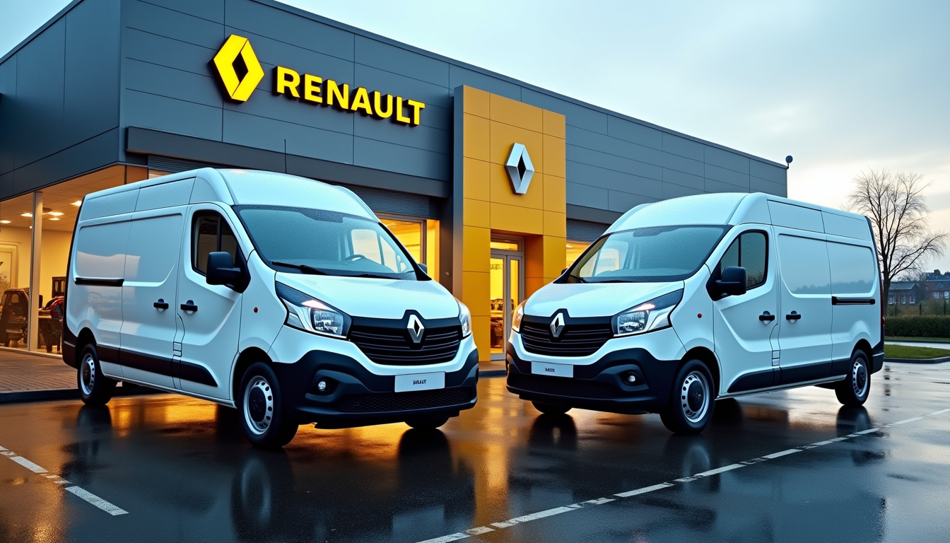 Utilitaires Renault Trafic et Master stationnés devant la concession, destinés aux clients professionnels
