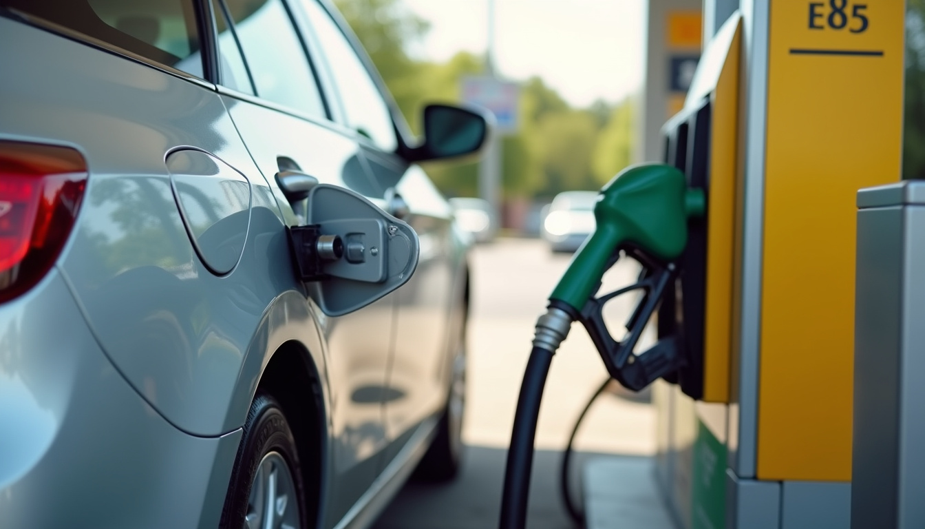 Voiture Flex Fuel en station-service devant une pompe E85