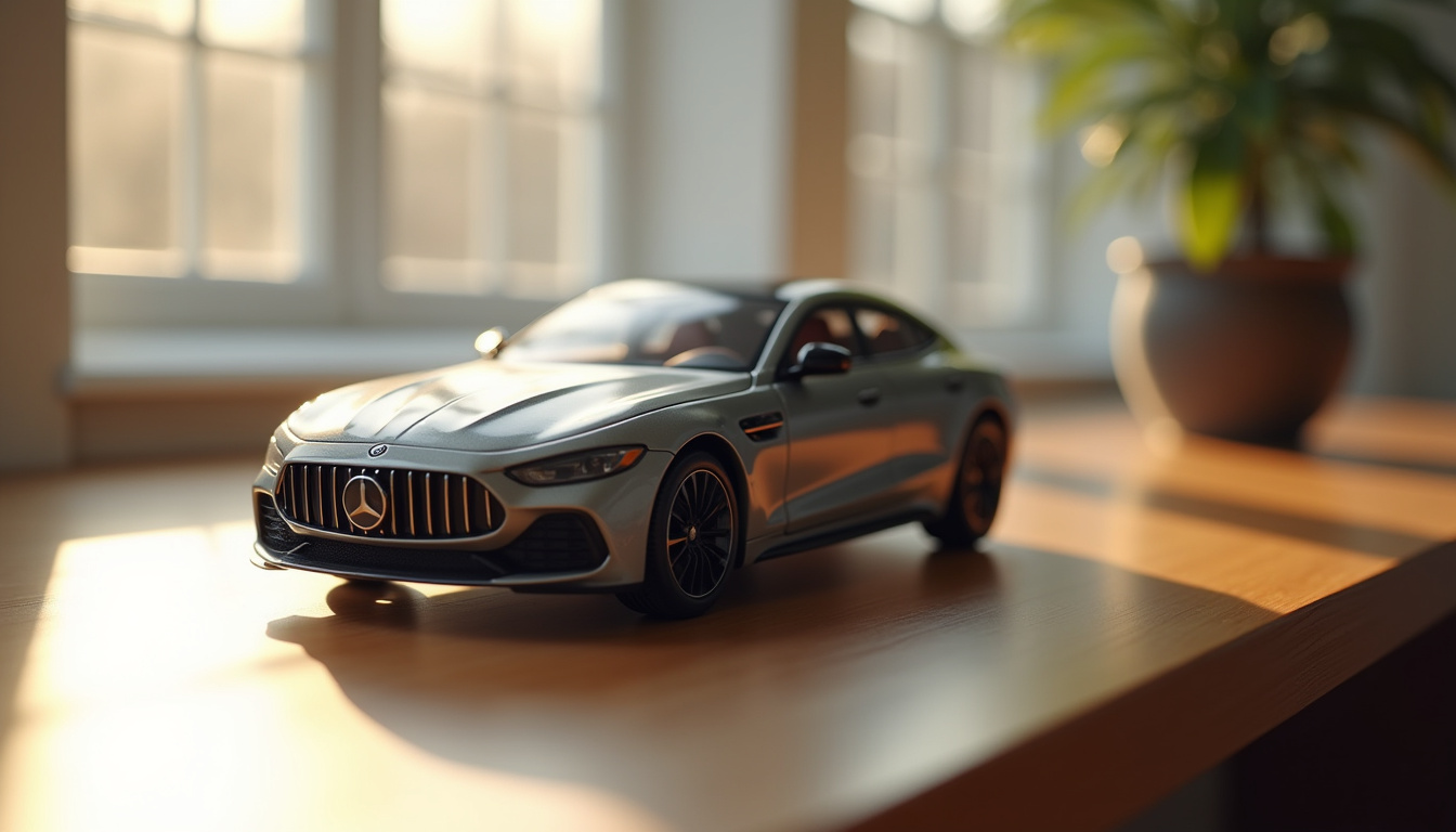 Voiture miniature 1/18 exposée sur un bureau avec éclairage doux