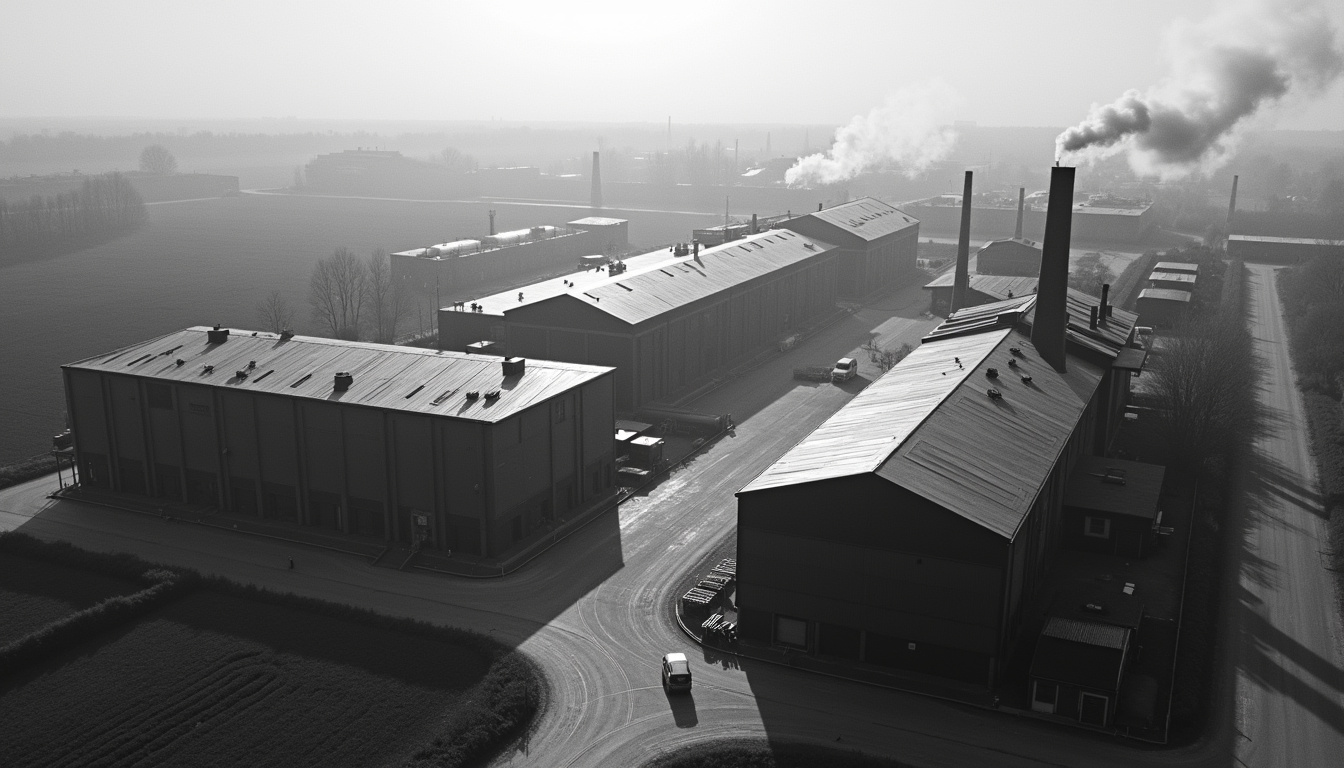Vue aérienne de l’usine Renault de Cléon dans les années 1960, montrant les premiers bâtiments et les zones de production mécanique