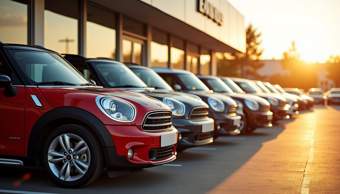 Vue d’un concessionnaire avec plusieurs Mini Cooper Countryman exposées à l’avant