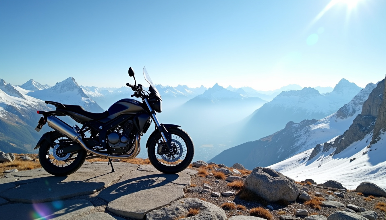 Vue panoramique depuis le col de l’Iseran, avec une moto en premier plan et des paysages alpins à 2764 mètres d'altitude