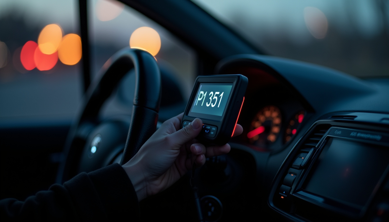 Affichage du code P1351 sur un écran de diagnostic OBD2 branché sous le volant