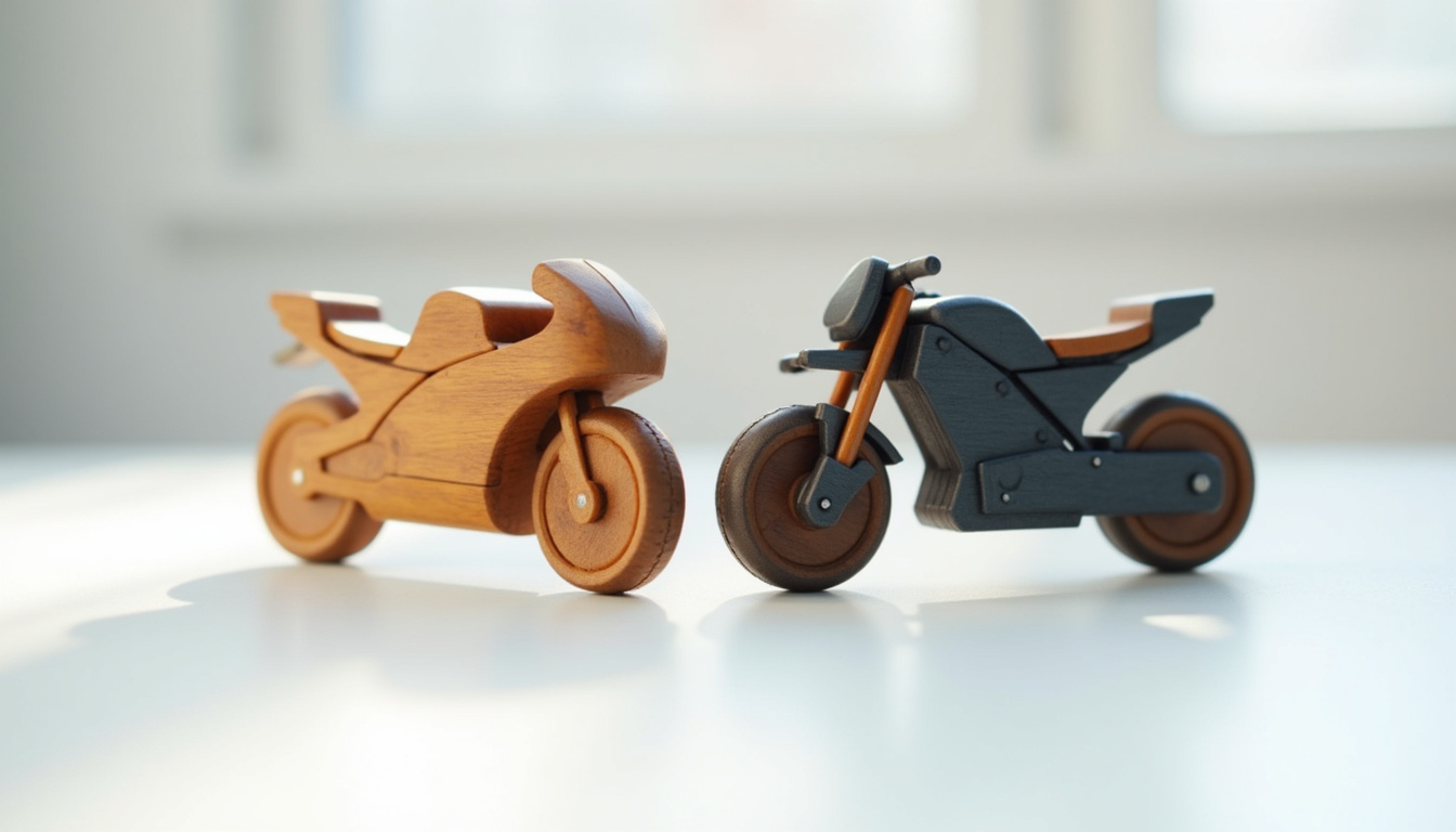 Comparaison entre une maquette moto en bois WoodTrick et un kit plastique Tamiya
