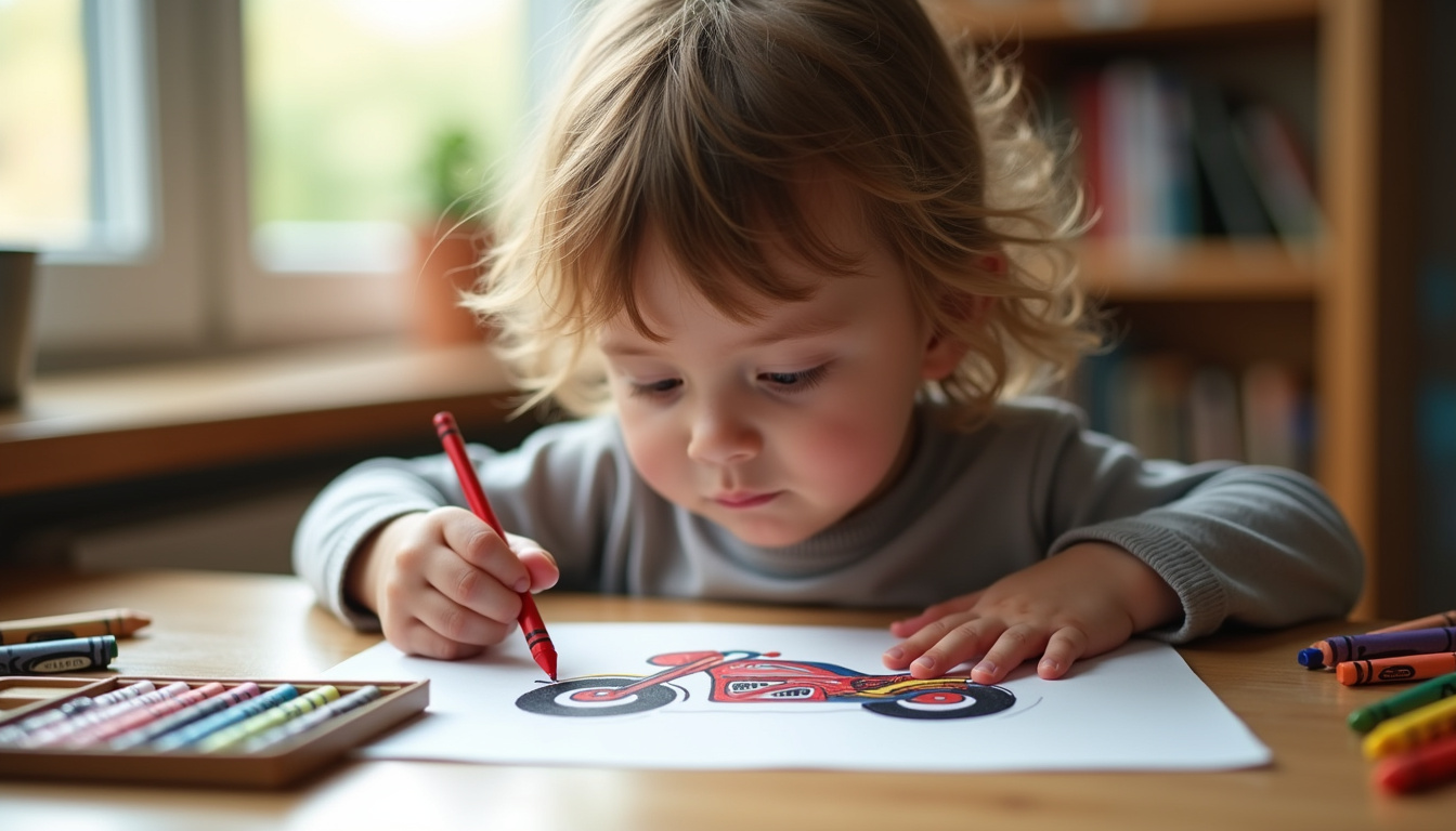 Enfant coloriant une moto sur une table avec des crayons de couleur