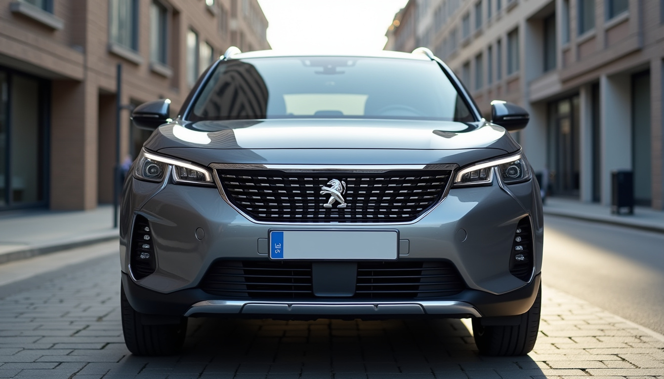 Peugeot 5008 7 places en vue de face montrant les projecteurs LED et le becquet flottant