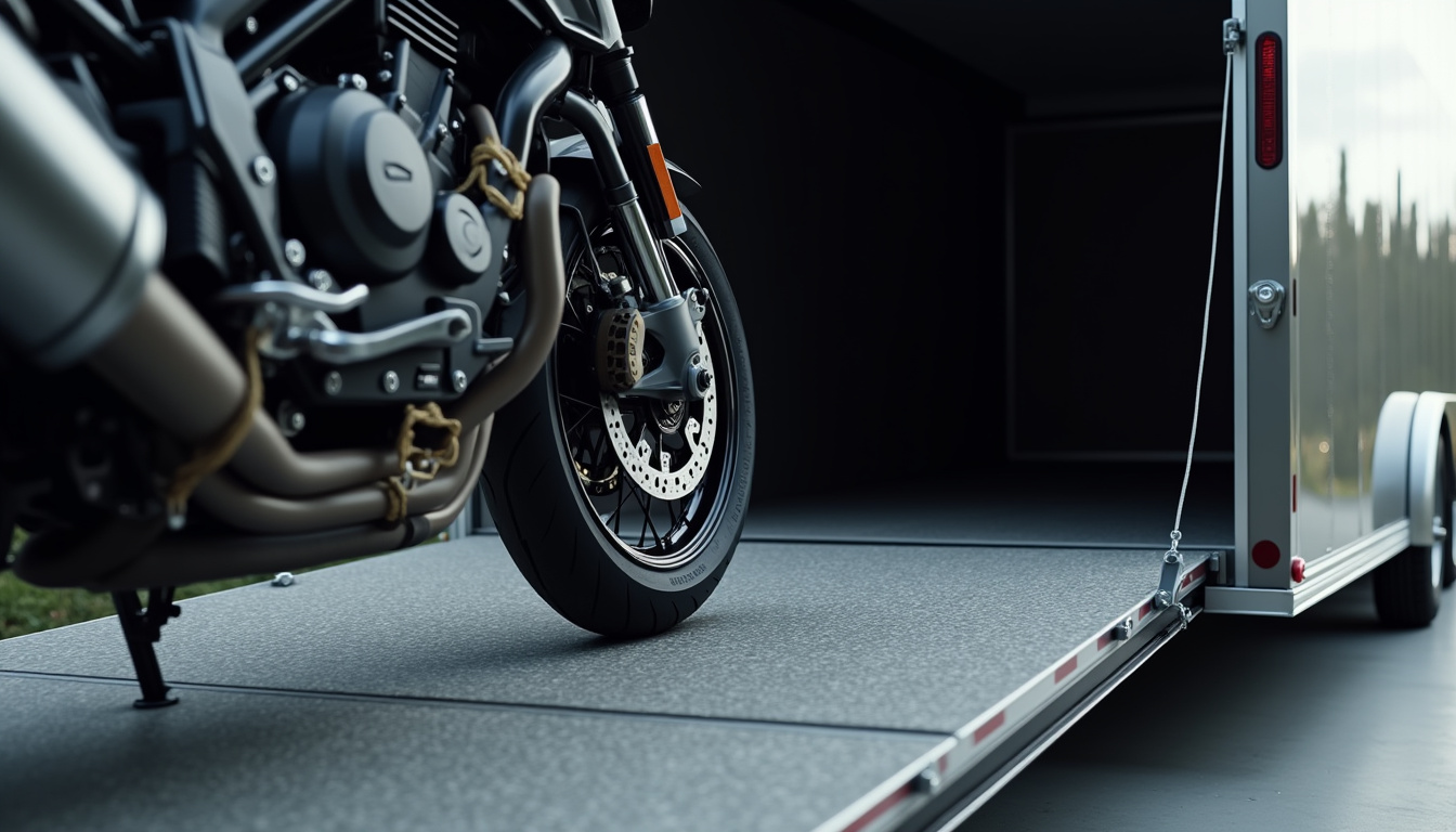 Chargement d'une moto dans une remorque fermée équipée d'une rampe et de sangles de sécurité