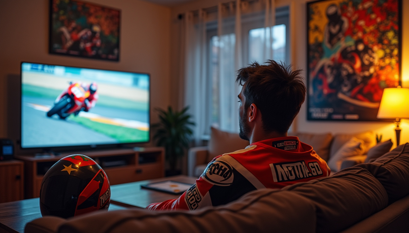 Supporter du MotoGP regardant la course à la télévision entouré d’affiches de pilotes