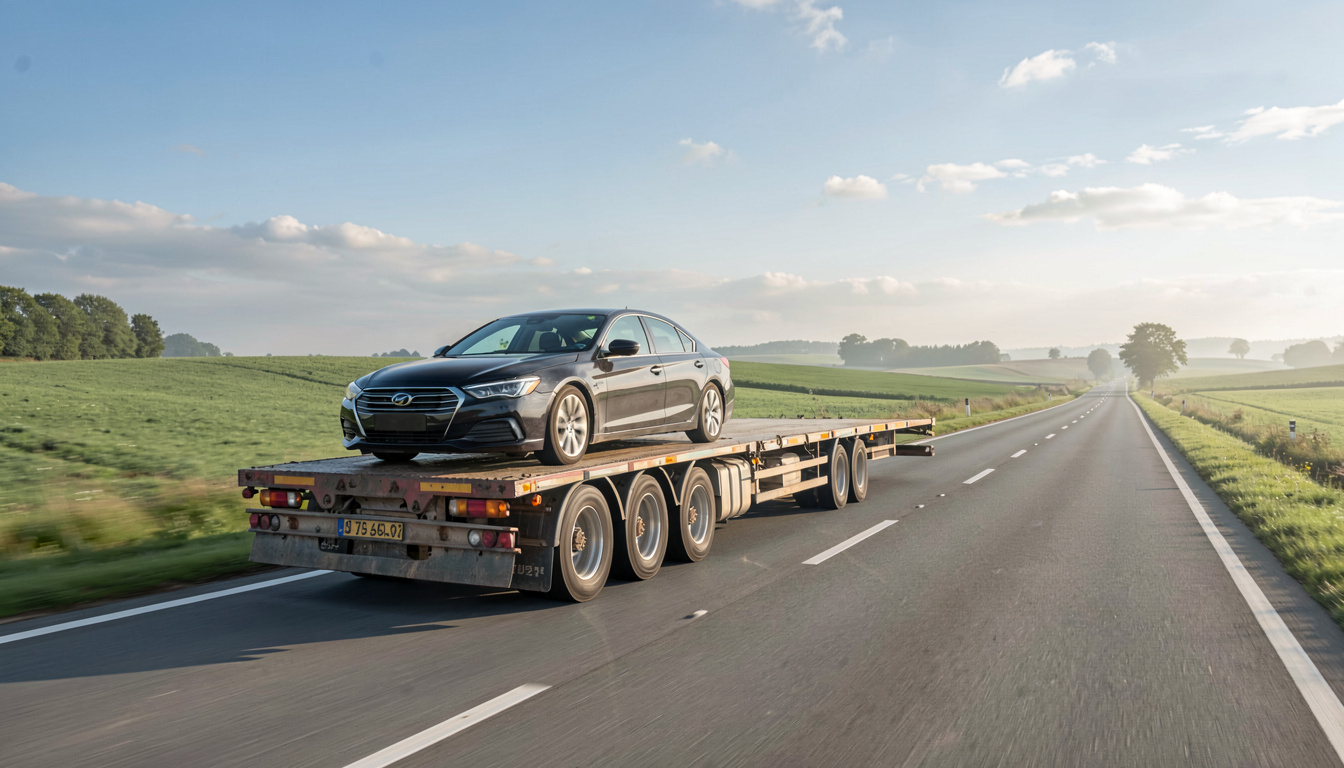 Camion plateau transportant une voiture sur une route nationale