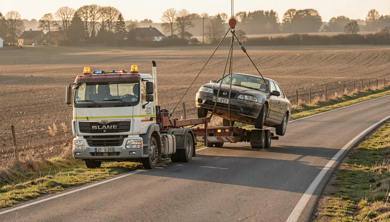 Camion plateau utilisant un treuil pour charger une voiture en panne
