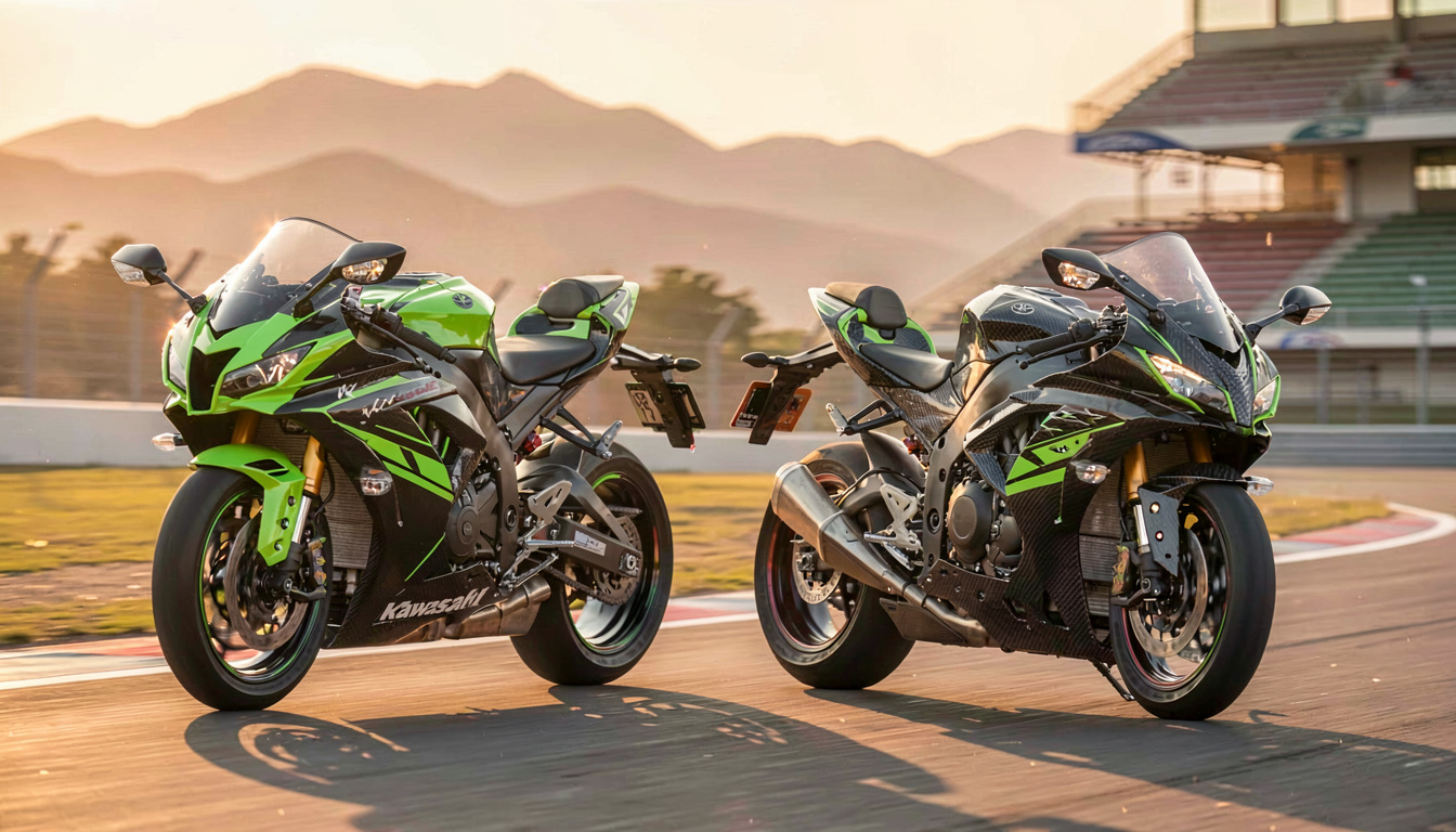 Comparaison visuelle entre la Kawasaki H2 et la H2R sur une piste de course