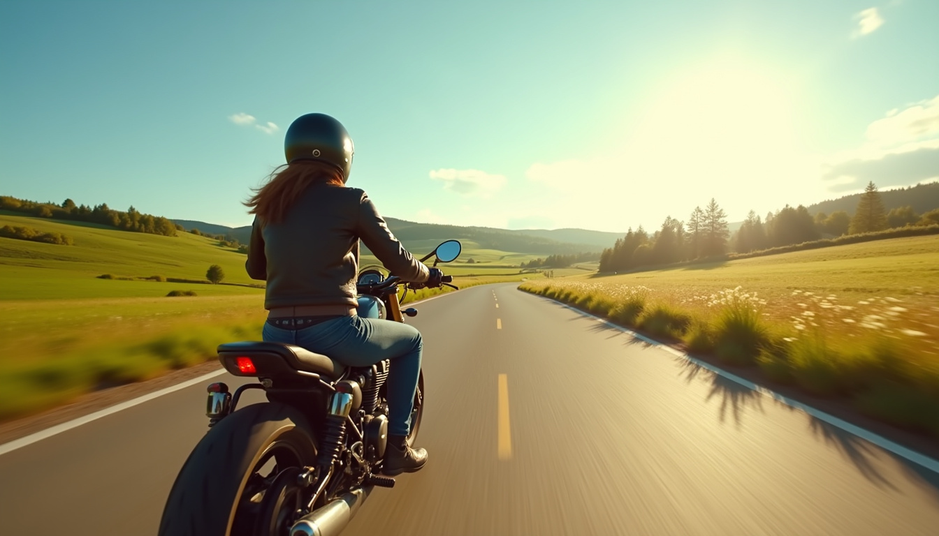 Femme conduisant une moto sur une route de campagne, paysage vallonné et ciel dégagé