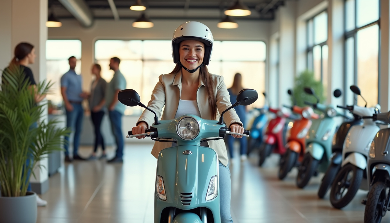 Femme essayant une moto en concession, entourée de conseillers et de modèles accessibles