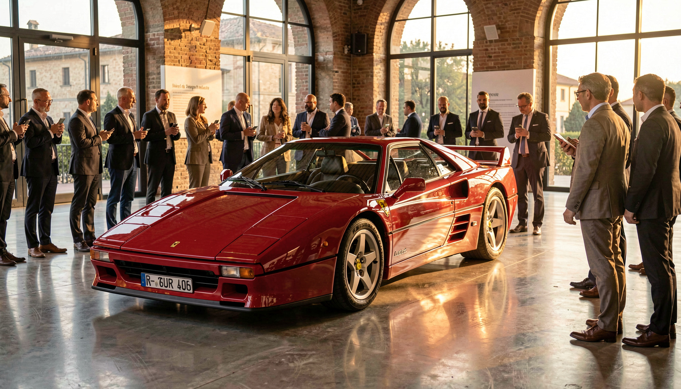 Ferrari 288 GTO exposée lors d'un salon automobile en Italie, entourée de passionnés