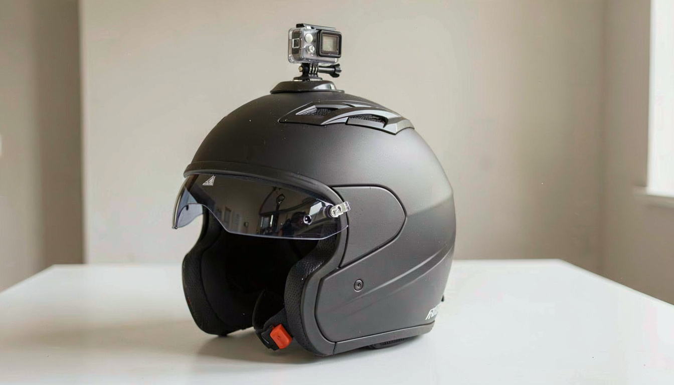 Fixation d'une caméra sur un casque de moto avec support adhésif et vis