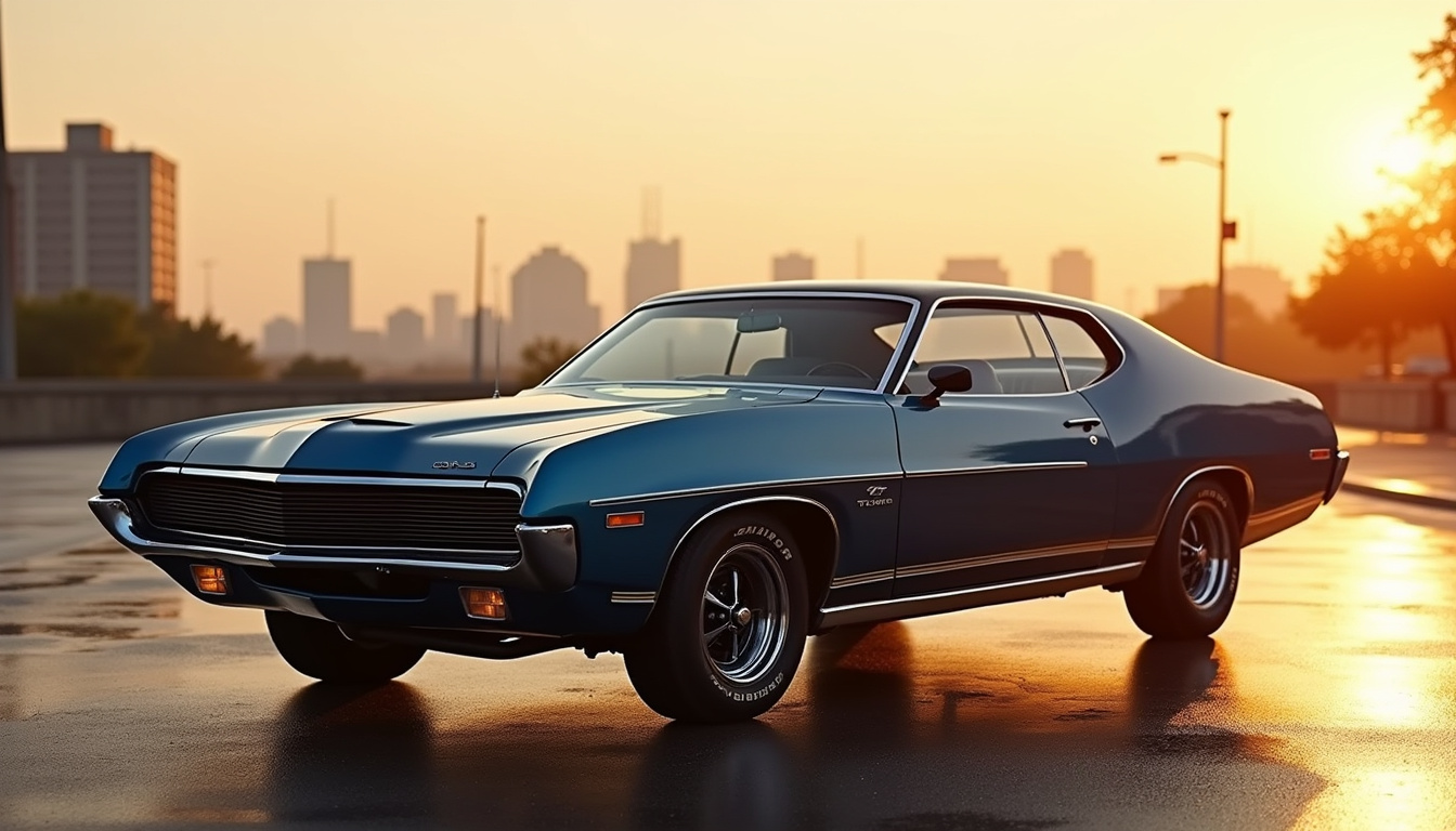 Ford Gran Torino SportsRoof de 1972 en vue latérale, montrant son design agressif et ses lignes fluides