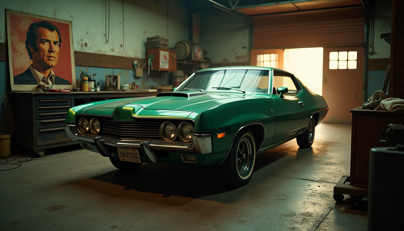 Ford Gran Torino verte bouteille garée dans un garage, évoquant le film de Clint Eastwood