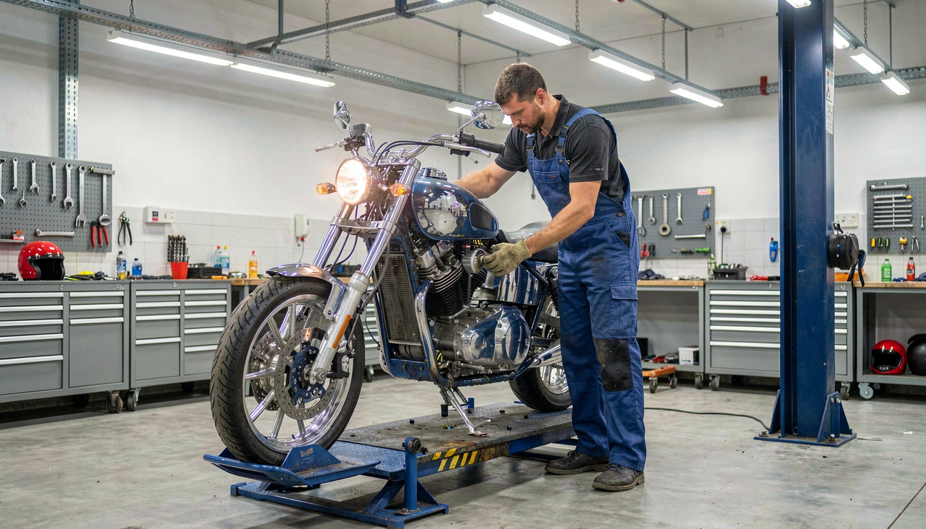 Garage moto avec mécanicien en train de réparer une moto sur un pont élévateur