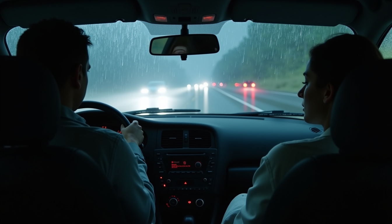 Illustration d’un rêve d’accident de voiture, avec une personne au volant et une autre en passager, symbolisant le contrôle et l’impuissance