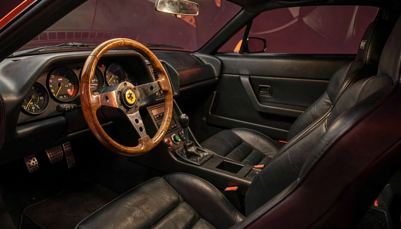 Intérieur de la Ferrari 288 GTO, montrant le volant en bois, les compteurs analogiques et les sièges baquets en cuir noir