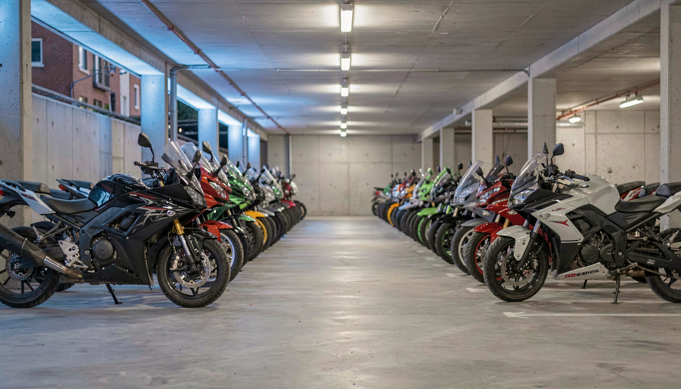 Intérieur d'un parking moto couvert avec plusieurs motos bien rangées et sécurisées