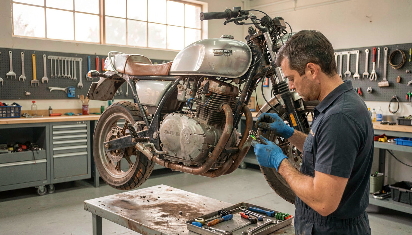 Mécanicien vérifiant les composants d'une moto en panne sur un support