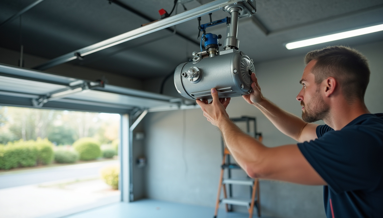 Moteur de porte de garage en cours d'installation sur un rail plafonnier