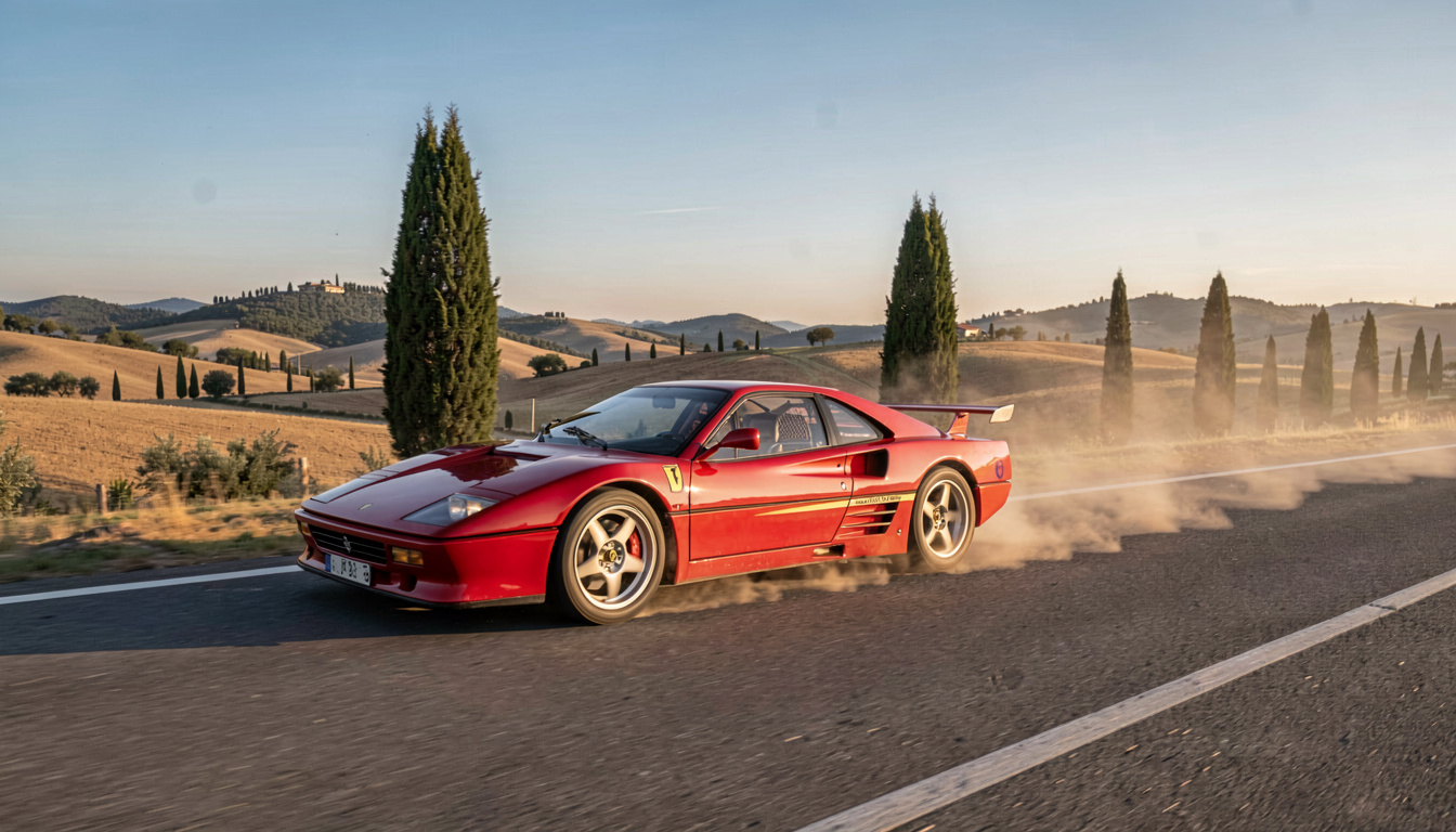 Prototype de la Ferrari 288 GTO lors des essais en 1984, vue de profil sur une route sèche