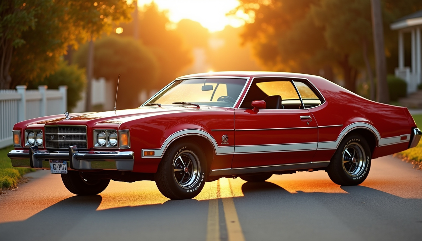 Reconstitution de la Ford Gran Torino de Starsky et Hutch, rouge avec bande blanche en virgule