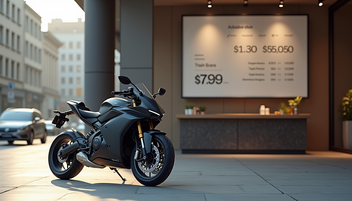 Vue de la moto Vmoto Stash avec un tableau de prix et options de financement affichés