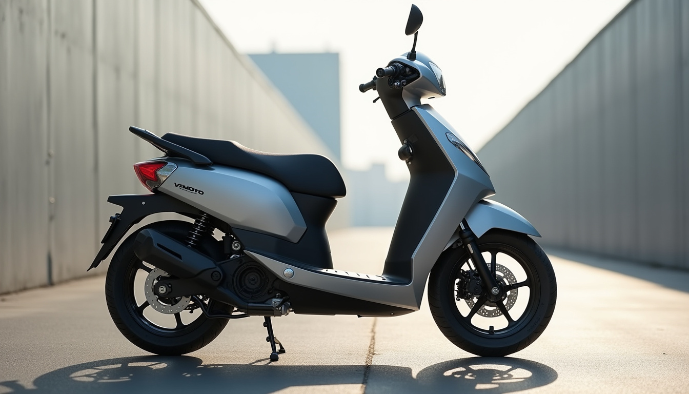 Vue latérale de la Vmoto Stash montrant la fourche inversée, le mono-amortisseur arrière et les jantes de 17 pouces